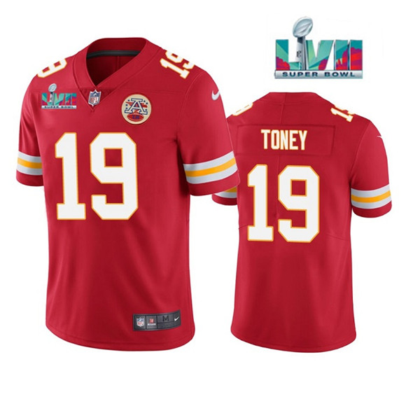 Men??s Kansas City Chiefs #19 Kadarius Toney Red Super Bowl LVII Patch Vapor Untouchable Limited Stitched Football Jersey - Click Image to Close